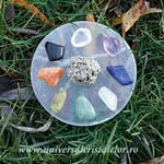 Set Selenit suport rotund cu pirita si pietre rulate (chakre)