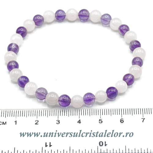 Bratara ametist si cuart roz rotund - 6 mm