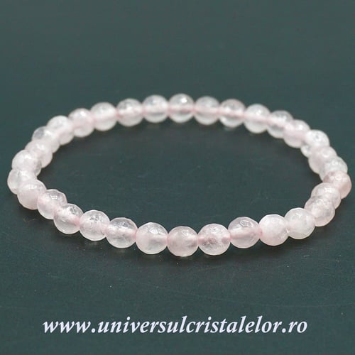 Bratara cuart roz rotund fatetat - 6 mm
