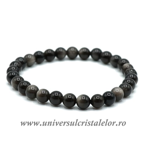 Bratara obsidian argintiu rotund - 6 mm