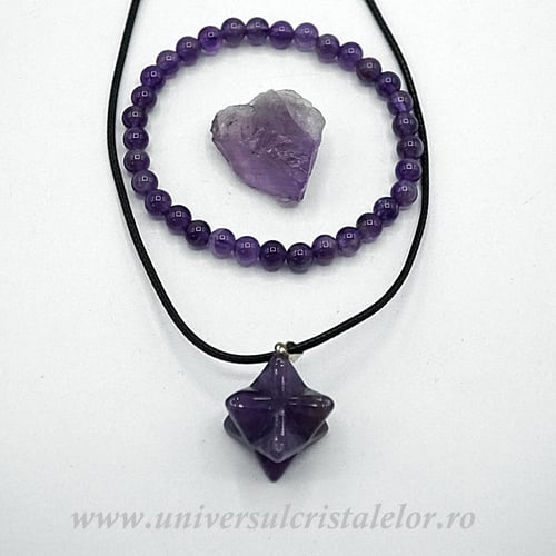 Set Ametist – Bratara, Pandantiv Merkaba și Piatra Brută