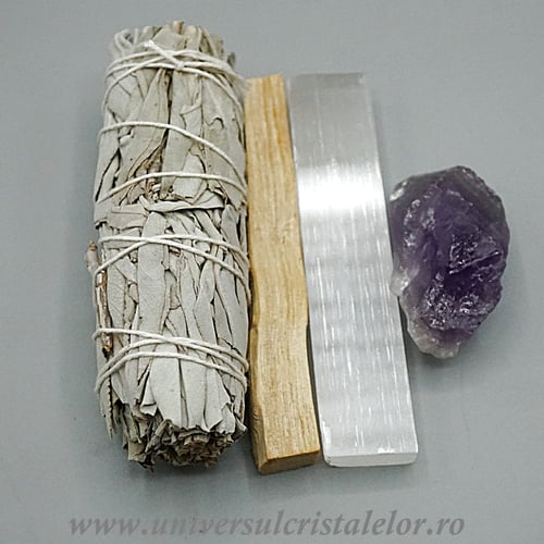 Set Purificare cu Palo Santo, Salvie Albă, Selenit și Ametist
