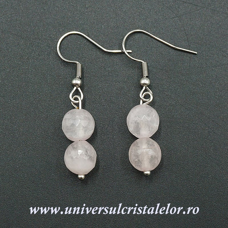 Cercei cuart roz rotund fatetat- 8 mm