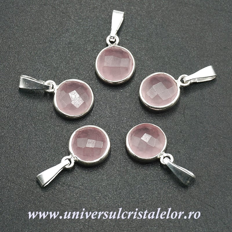 Pandantiv cuart roz rotund fatetat - 9 mm