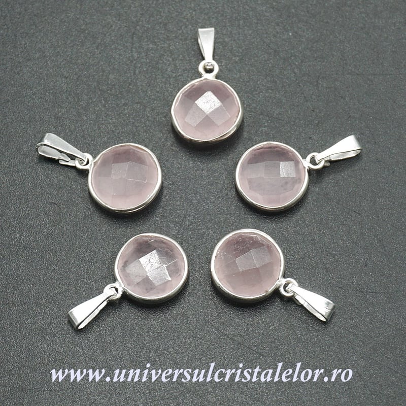 Pandantiv cuart roz rotund fatetat - 11mm