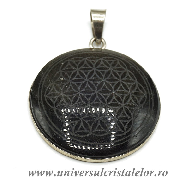 Pandantiv obsidian auriu floarea vietii