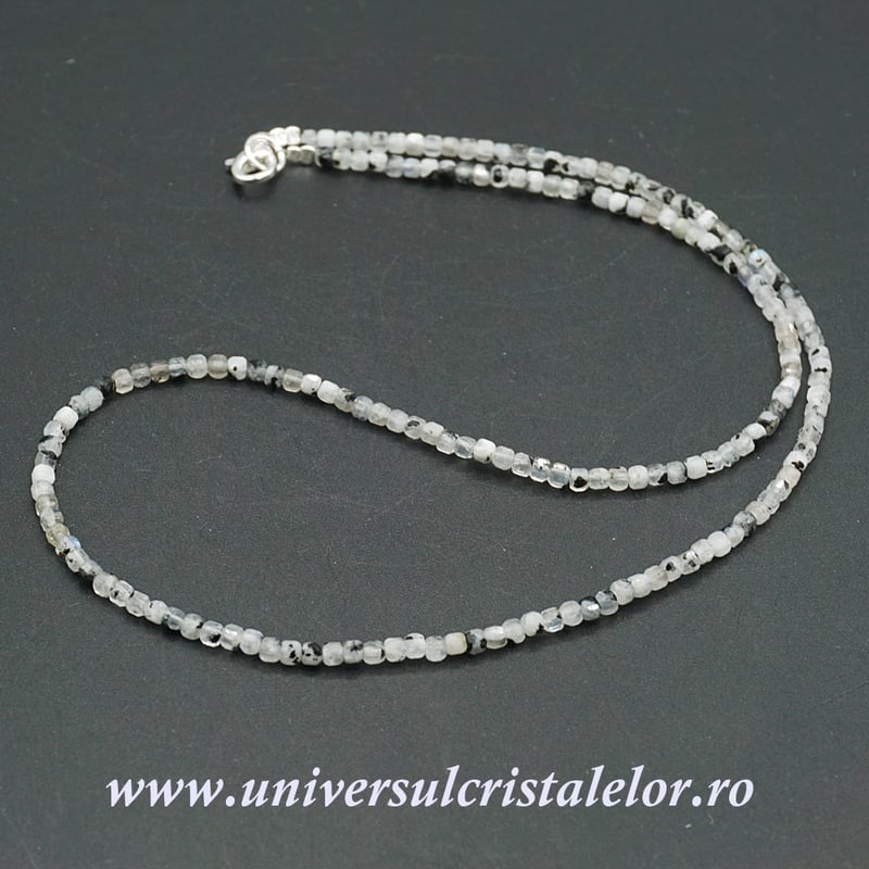 Colier piatra lunii cu turmalina neagra cub fatetat - 3 mm