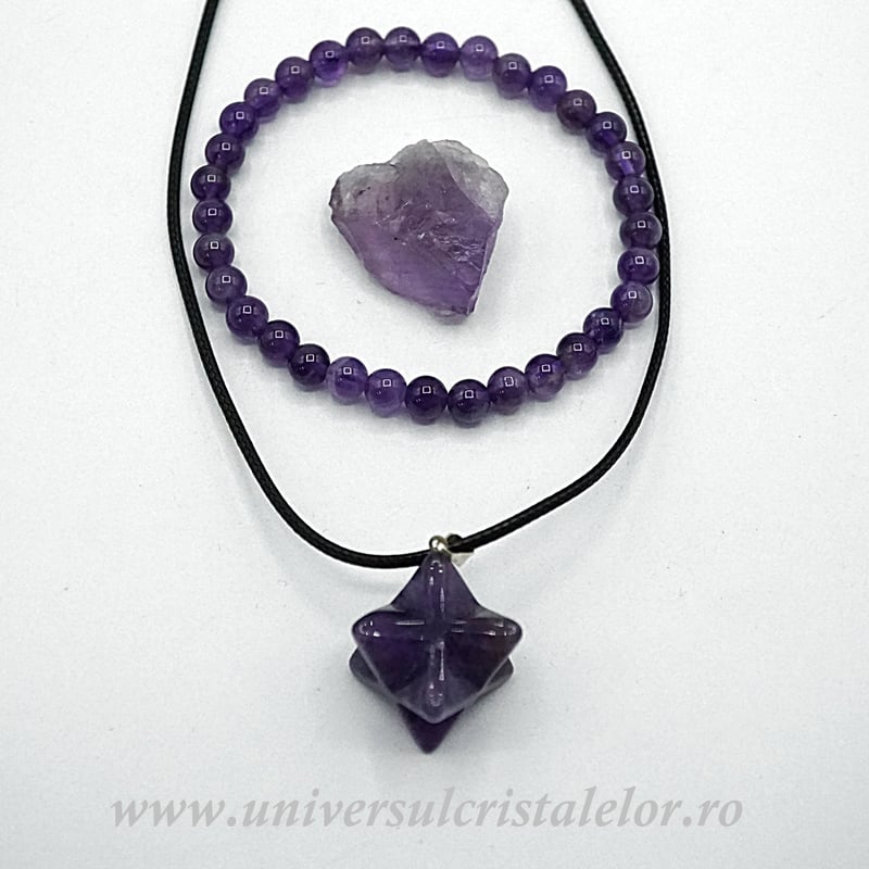 Set Ametist – Bratara, Pandantiv Merkaba și Piatra Brută