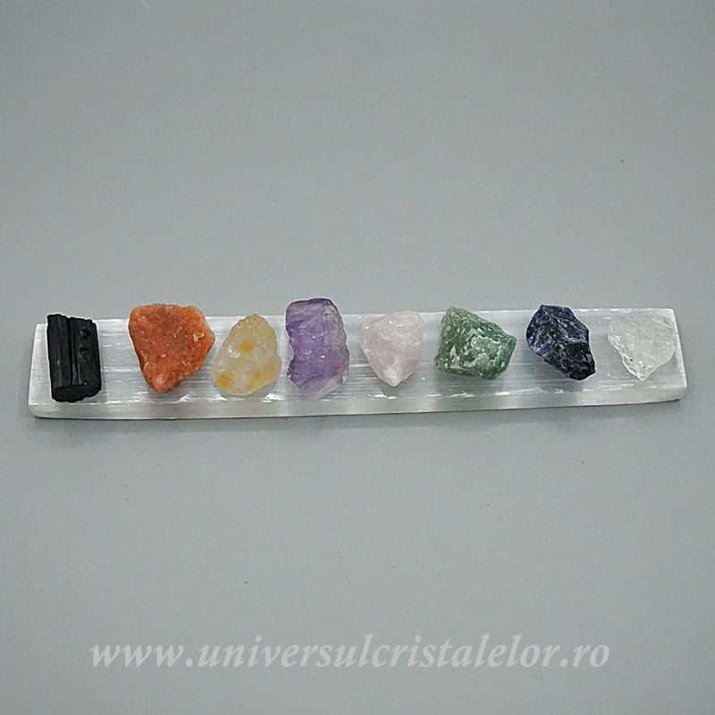 Set Selenit Bagheta plata cu pietre brute (chakre)