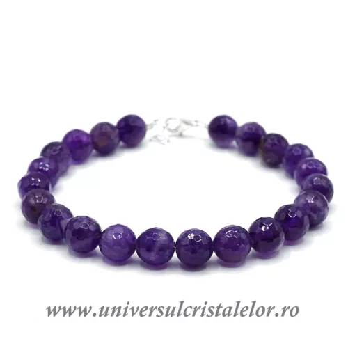 Bratara ametist rotund fatetat - 8 mm cu inchizatoare Ag925