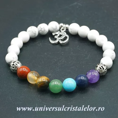 Bratara chakre cu howlit si simbol OM rotund - 8 mm Bratara chakre cu howlit si simbol OM rotund - 8 mm