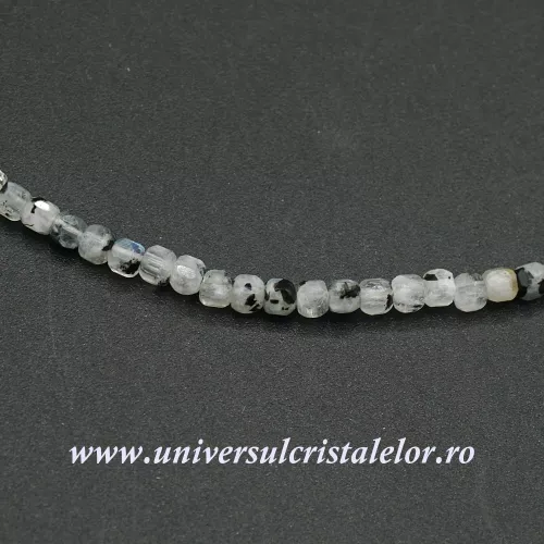 Colier piatra lunii cu turmalina neagra cub fatetat - 3 mm