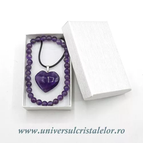 Set ametist bratara si pandantiv cu snur si cutie