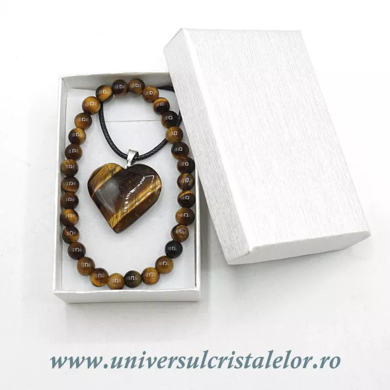 Set ochi de tigru bratara si pandantiv cu snur si cutie Set ochi de tigru bratara si pandantiv cu snur si cutie