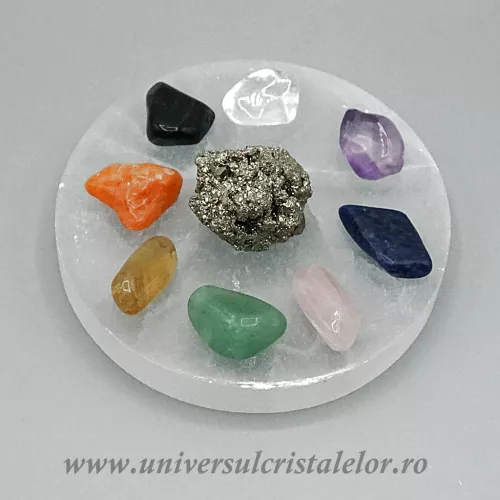 Set Selenit suport rotund cu pirita si pietre rulate (chakre)