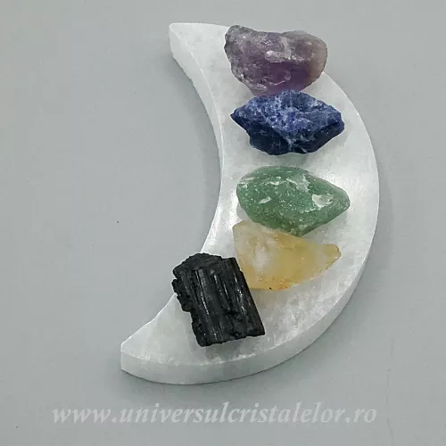 Set Selenit semiluna cu 5 pietre brute 