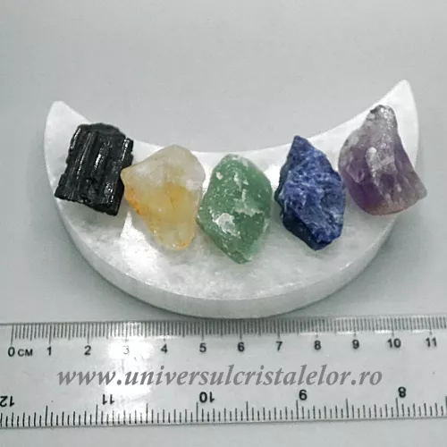 Set Selenit semiluna cu 5 pietre brute 