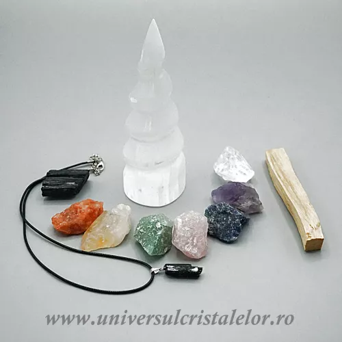 Set Selenit spirala cu pandantiv, palo santo si pietre brute
